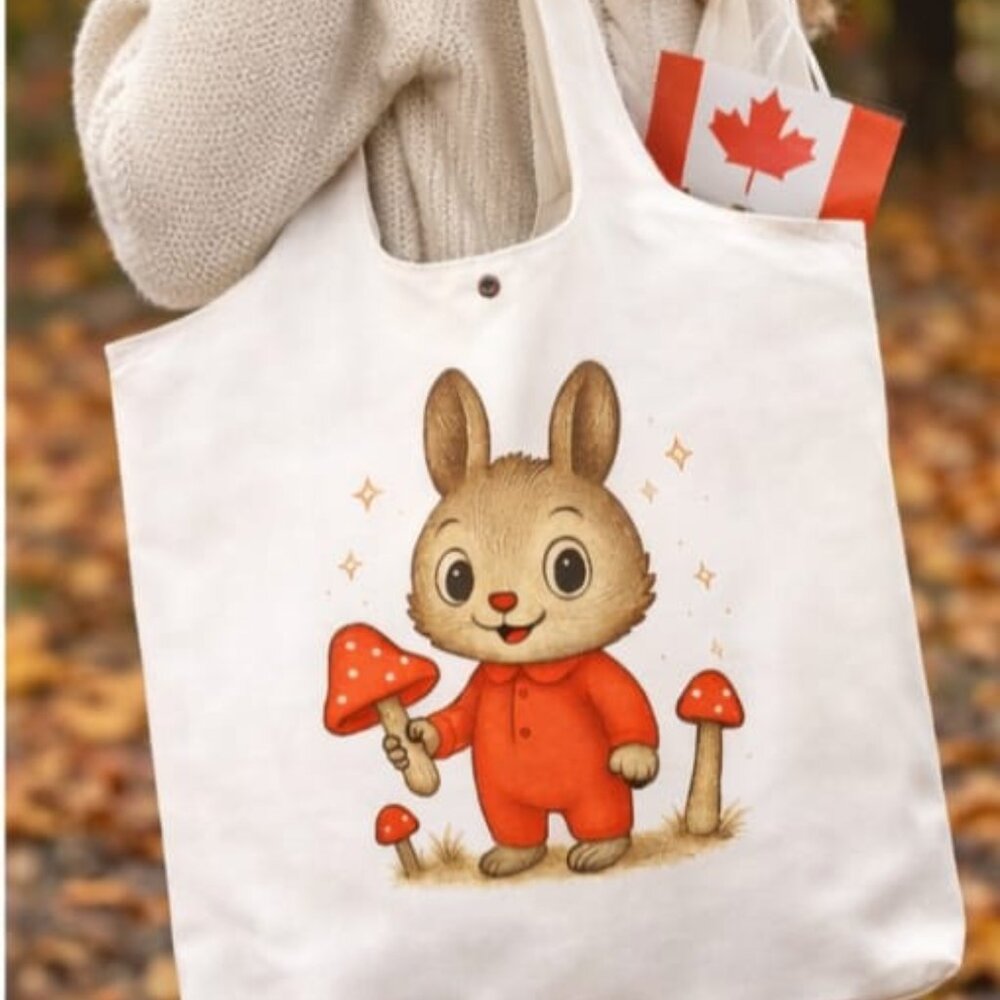 Bunny Mushroom Tote Bag, Reusable Cotton Canvas Shopping Bag